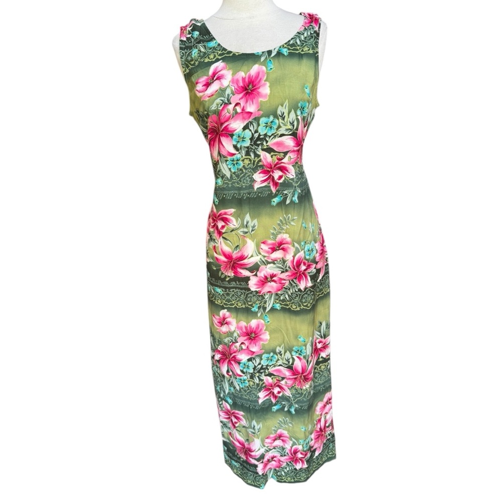 1990s Just in Thyme Ltd. 100% Rayon Back or Front Tie Maxi Hawaiian‎ Print Dress